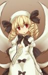  1girl bangs black_bow black_bowtie blonde_hair bow bowtie brown_background brown_eyes chestnut_mouth dress drill_hair eyebrows_visible_through_hair fairy_wings hair_between_eyes hat highres juliet_sleeves long_sleeves looking_at_viewer luna_child puffy_sleeves simple_background solo touhou usotsuki_penta white_dress wide_sleeves wings 