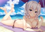  1girl barefoot beach bikini bikini_pull breasts clouds cloudy_sky collarbone day grey_eyes hateno-yukimi kantai_collection kashima_(kantai_collection) large_breasts lying ocean on_stomach short_hair silver_hair sky soles solo sweat swimsuit twintails two_side_up white_bikini 