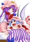  2girls bat_wings blue_bow blue_hair blue_ribbon blush bow commentary_request eichi_yuu fang hair_bow hat hat_ribbon highres long_hair long_sleeves looking_at_another lying mob_cap multiple_girls on_lap on_stomach open_mouth patchouli_knowledge pink_hat pink_shoes pointy_ears purple_hair red_bow red_eyes red_ribbon remilia_scarlet ribbon shoes short_hair short_sleeves sitting smile striped touhou violet_eyes wings wrist_cuffs 