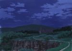  absurdres castle cliff clouds cloudy_sky forest grass highres hirota mountain mountainous_horizon nature night night_sky no_humans original outdoors road scenery shack sky 