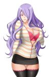  1girl alternate_costume black_legwear black_skirt blush bra breasts camilla_(fire_emblem_if) cardigan cleavage closed_mouth cowboy_shot fire_emblem fire_emblem_if hair_over_one_eye large_breasts long_hair long_sleeves looking_at_viewer metalbolic miniskirt open_cardigan open_clothes pink_bra purple_hair skirt smile solo thigh-highs underwear unzipped violet_eyes wavy_hair 