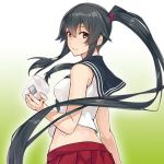  1girl black_hair kantai_collection konishi_(koconatu) looking_at_viewer looking_back lowres official_art ponytail red_eyes red_skirt school_uniform serafuku skirt sleeveless yahagi_(kantai_collection) 