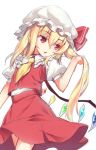  1girl ascot bangs blonde_hair bow cowboy_shot eyebrows_visible_through_hair flandre_scarlet hair_between_eyes hat hat_bow highres holding holding_hair long_hair looking_to_the_side mob_cap open_mouth puffy_short_sleeves puffy_sleeves red_bow red_eyes red_skirt short_sleeves side_ponytail simple_background skirt skirt_set solo touhou usotsuki_penta white_background white_hat 