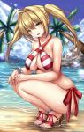  1girl anklet beach blonde_hair blush bracelet breasts cleavage collarbone eyebrows_visible_through_hair fate/grand_order fate_(series) feet green_eyes high_heels highres jewelry large_breasts long_hair looking_at_viewer nero_claudius_(swimsuit_caster)_(fate) parted_lips smile solo squatting taka-kun toes twintails 