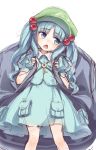  1girl backpack bag bangs blue_eyes blue_hair blue_skirt eyebrows_visible_through_hair green_hat hair_bobbles hair_ornament hat highres kawashiro_nitori key looking_to_the_side open_mouth pouch short_sleeves simple_background skirt skirt_set solo standing touhou twintails usotsuki_penta white_background 