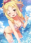  1girl ;d absurdres bangs bent_over bikini blonde_hair blue_sky blurry bow breasts brown_eyes cleavage collarbone day depth_of_field drill_hair dutch_angle eromanga_sensei fisheye hair_bow halterneck highres index_finger_raised looking_at_viewer one_eye_closed open_mouth outdoors parted_bangs pointing pointing_up ponytail ringlets scan side-tie_bikini sidelocks sky small_breasts smile solo splashing striped striped_bikini swimsuit wading water_drop yamada_elf yuuki_hagure 