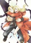  2boys alphonse_elric bare_legs black_pants black_shirt blonde_hair boots brothers clenched_hand coat edward_elric fullmetal_alchemist grin long_hair long_sleeves looking_at_viewer male_focus multiple_boys nenone_miya open_mouth pants red_coat shirt siblings simple_background smile white_background yellow_eyes 
