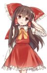  1girl bangs bow bowtie brown_eyes brown_hair cowboy_shot detached_sleeves eyebrows_visible_through_hair hair_bow hair_tubes hakurei_reimu hand_up highres long_hair looking_at_viewer open_mouth red_bow red_skirt ribbon-trimmed_sleeves ribbon_trim sidelocks simple_background skirt skirt_set solo touhou usotsuki_penta white_background yellow_bow yellow_bowtie 