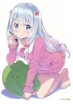  1girl absurdres bangs barefoot blue_eyes blush bow closed_mouth collarbone commentary_request eromanga_sensei eyebrows_visible_through_hair feet frills hair_bow highres holding izumi_sagiri kanzaki_hiro leaning_forward long_hair long_sleeves looking_at_viewer pajamas pink_bow scan silver_hair simple_background smile solo stuffed_animal stuffed_octopus stuffed_toy stylus tareme toes white_background 
