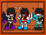  3boys 80s anger_vein angry artist_request cannon clenched_teeth decepticon machine machinery mecha multiple_boys no_humans oldschool orange_background personification red_eyes robot skywarp standing starscream teeth thundercracker transformers weapon 