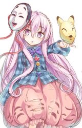  1girl bangs blue_bow blue_bowtie blue_shirt bow bowtie bubble_skirt expressionless eyebrows_visible_through_hair hair_between_eyes hata_no_kokoro highres holding holding_mask long_hair long_sleeves looking_at_viewer mask mask_on_head open_mouth pink_eyes pink_hair plaid plaid_shirt shirt sidelocks simple_background skirt solo star touhou usotsuki_penta very_long_hair white_background 