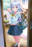  1girl 3: absurdres arms_up bag blue_eyes blue_hair blush bow bowtie bra bra_peek braid breasts eromanga_sensei feet hair_bow highres indoors izumi_sagiri keychain long_hair looking_at_viewer low-tied_long_hair multicolored_hair no_shoes pink_hair pleated_skirt scan school_bag school_uniform serafuku short_sleeves shoulder_bag sidelocks single_braid skirt small_breasts socks solo tiv two-tone_hair underwear white_legwear 