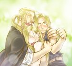  3boys alphonse_elric belt black_shirt blonde_hair blush brothers clenched_hand closed_eyes coat edward_elric embarrassed father_and_son fingernails frown fullmetal_alchemist green_background hug long_hair looking_at_another male_focus multiple_boys nenone_miya open_mouth pants ponytail shirt siblings simple_background smile sweatdrop tears van_hohenheim yellow_eyes 