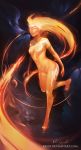  1girl artist_name barefoot fire full_body glowing glowing_eyes highres long_hair navel nude orange_hair orange_skin rav89 smite sol_(smite) solo tattoo watermark web_address yellow_eyes 