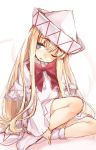  1girl bangs blonde_hair blue_eyes bow bowtie capelet eyebrows_visible_through_hair full_body hair_between_eyes hat highres lily_white long_hair long_sleeves looking_at_viewer no_shoes one_eye_closed open_mouth red_bow red_bowtie sidelocks sitting socks solo touhou usotsuki_penta very_long_hair white_background white_legwear 