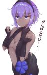  1girl ass black_gloves black_hairband breasts cleavage dark_skin fate/grand_order fate/prototype fate_(series) fingerless_gloves gloves hairband hassan_of_serenity highres hoshimiya_mashiro looking_at_viewer medium_breasts purple_hair revealing_clothes short_hair simple_background solo violet_eyes white_background 