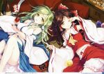  2girls absurdres ascot bloomers bow breasts brown_eyes brown_hair detached_sleeves fan frills frog_hair_ornament green_eyes green_hair hair_ornament hair_ribbon hair_tubes hakurei_reimu highres ke-ta kochiya_sanae large_breasts long_hair long_sleeves looking_at_viewer lying midriff multiple_girls navel on_back one_eye_closed open_mouth ribbon ribbon-trimmed_sleeves ribbon-trimmed_underwear ribbon_trim scan shirt skirt smile snake_hair_ornament touhou translation_request underwear upskirt vest white_bloomers wide_sleeves 