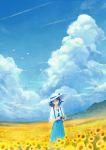  1girl bird blue_dress blue_eyes blue_hair blue_sky camera closed_mouth clouds cloudy_sky condensation_trail day dress field flower flower_field hat head_tilt holding holding_camera long_dress looking_at_viewer medium_hair original outdoors scenery shirt sky smile solo standing sun_hat sunflower valley white_shirt 