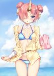  1girl :o bandage bandaged_arm berserker_of_black bikini blue_bikini blue_sky blush choker clouds double_bun eyebrows_visible_through_hair fate/apocrypha fate/grand_order fate_(series) frankenstein&#039;s_monster_(swimsuit_saber)_(fate) hair_ornament hair_over_one_eye headgear highres horn looking_at_viewer ocean pink_hair ribbon ribbon_choker rong_yi_tan short_hair sky solo standing swimsuit violet_eyes white_ribbon 