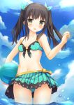  1girl :d aqua_bikini aqua_ribbon ball bangs bare_arms bare_shoulders beachball bikini bikini_skirt black_hair blue_sky blush bow breasts clouds cloudy_sky collarbone commentary_request cowboy_shot day eyebrows_visible_through_hair flower front-tie_bikini front-tie_top green_eyes hair_ribbon halter_top halterneck holding holding_ball long_hair looking_at_viewer navel ocean open_mouth original ribbon sidelocks sky small_breasts smile standing striped sunlight swimsuit twintails usagino_suzu vertical-striped_bikini vertical_stripes wading water_drop wet yellow_bow 