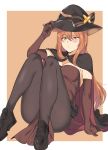 1girl absurdres alternate_costume arm_support black_legwear blush bow cape dress elbow_gloves full_body girls_frontline gloves green_eyes hat hat_bow highres loafers long_hair m1903_springfield_(girls_frontline) orange_hair pantyhose pelvic_curtain pouch shoes sitting solo strapless strapless_dress urec witch witch_hat 