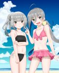  2girls beach bikini bikini_skirt black_bikini clouds flat_chest front-tie_top grey_eyes grey_hair hair_ribbon highres kantai_collection kasumi_(kantai_collection) kiyoshimo_(kantai_collection) long_hair looking_at_viewer low_twintails multiple_girls outdoors pink_bikini ribbon side-tie_bikini side_ponytail silver_hair sky swimsuit twintails umino_haruka_(harukaumino6) v yellow_ribbon 