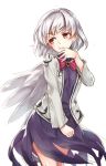  1girl bangs bow bowtie covering_mouth cowboy_shot dress eyebrows_visible_through_hair hand_up highres jacket kishin_sagume long_sleeves looking_to_the_side open_clothes open_jacket purple_dress red_bow red_bowtie red_eyes short_hair simple_background single_wing solo touhou usotsuki_penta white_background white_hair white_wings wings 