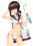  1girl ;d arm_up bikini black_hair blush breasts cleavage collarbone cowboy_shot drink eyebrows_visible_through_hair fubuki_(kantai_collection) gluteal_fold green_eyes ichikawa_feesu kantai_collection navel one_eye_closed open_mouth sailor_bikini sailor_collar short_ponytail shoulder_blades side-tie_bikini simple_background small_breasts smile solo swimsuit translation_request white_background 