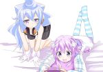  1boy 1girl controller d-pad game_console game_controller gamepad hacka_doll hacka_doll_3 hair_ornament handheld_game_console lying neptune_(choujigen_game_neptune) neptune_(series) niwaka_potato on_bed on_stomach playing_games purple_hair striped striped_legwear trap violet_eyes 