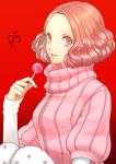  1girl brown_eyes brown_hair candy commentary_request floral_print flower food hitoki_(kokusei1977) lollipop long_sleeves okumura_haru pantyhose persona persona_5 pink_sweater print_legwear red_background short_hair smile solo sweater turtleneck turtleneck_sweater white_legwear 