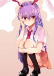  1girl animal_ears asuzemu black_legwear black_shoes chin_rest collared_shirt expressionless full_body kneehighs long_hair looking_at_viewer necktie orange_skirt purple_hair rabbit_ears red_eyes red_necktie reisen_udongein_inaba shirt shoes skirt solo squatting touhou very_long_hair white_shirt wing_collar 