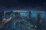  building city city_lights cityscape clouds cloudy_sky commentary_request from_above helipad night night_sky no_humans road scenery sky skyscraper xi_chen_chen 