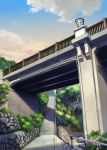  ano_hi_mita_hana_no_namae_wo_bokutachi_wa_mada_shiranai. blue_sky bridge clouds cloudy_sky column day gradient_sky grass highres hosoi_mikio lamp no_humans outdoors pillar plant railing scenery shadow sky stairs stone_wall tree wall 