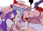  2girls bat_wings blue_hair blue_ribbon blush bow crescent eichi_yuu hair_bow hand_kiss hat hat_bow hat_ribbon kiss long_hair looking_at_another lying mob_cap multiple_girls on_back open_mouth patchouli_knowledge pillow pink_hat pointy_ears purple_hair red_bow red_ribbon remilia_scarlet ribbon short_hair short_sleeves surprised touhou violet_eyes white_background wide_sleeves wings yuri 