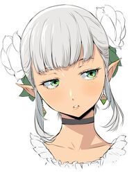  1girl choker earrings elf enami_katsumi flower green_eyes grey_hair hair_flower hair_ornament highres isekai_shokudou jewelry pointy_ears 