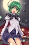  &gt;:d 1girl :d antennae bangs black_shorts cape collared_shirt cowboy_shot eyebrows_visible_through_hair green_eyes green_hair highres juliet_sleeves long_sleeves open_mouth puffy_sleeves shirt shorts sitting smile solo touhou usotsuki_penta white_shirt wriggle_nightbug 