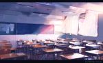  absurdres artist_signature ceiling_light chair chalkboard classroom curtains dated desk highres neon_lights no_humans open_window original paper school signature window xi_chen_chen 