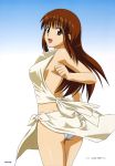  1girl 90s brown_eyes brown_hair clenched_hand cowboy_shot doi_shizuha gradient gradient_background highres long_hair looking_at_viewer official_art open_mouth page_number panties solo stratos_4 underwear white_panties yamauchi_noriyasu 