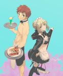  1boy 1girl apron artoria_pendragon_(all) back-to-back bikini_top broom corndog dark_persona detached_collar emiya_shirou fate/stay_night fate_(series) food french_fries hair_bun hamburger maid maid_apron maid_headdress mgk968 orange_hair pale_skin saber_alter shorts topless tray waist_apron waiter yellow_eyes 