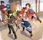  5boys arrow black_hair blue_hair bow_(weapon) brown_hair drawing_bow glasses gun handgun horikawa_kunihiro kasen_kanesada kotegiri_gou male_focus multiple_boys mutsu-no-kami_yoshiyuki one_eye_closed pistol pointing_weapon purple_hair sayo_samonji short_hair shouji sliding_doors t_k_g touken_ranbu weapon 