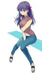  1girl breasts denim fate/stay_night fate_(series) highres jeans long_hair looking_at_viewer matou_sakura navel pants purple_hair sandals shimo_(s_kaminaka) sitting smile solo sweater_vest violet_eyes 