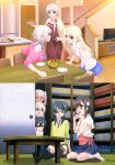  3girls 5girls absurdres arm_support black_apron black_hair black_legwear black_shorts blonde_hair blue_skirt bow braid brown_bow chloe_von_einzbern covering_mouth eyebrows_visible_through_hair fate/kaleid_liner_prisma_illya fate_(series) food green_eyes hair_between_eyes hair_bow hair_ornament hand_on_another&#039;s_head hand_over_own_mouth highres illyasviel_von_einzbern indoors kneehighs leaning_forward long_hair miniskirt miyu_edelfelt multiple_girls off_shoulder pink_hair pink_shirt red-framed_eyewear red_eyes red_srhit shirt short_hair short_shorts short_sleeves shorts silver_hair sitting skirt sleeveless sleeveless_shirt smile standing television white_legwear white_shirt yellow_shirt 