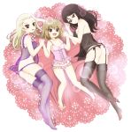  3girls alternate_costume bangs barefoot black_hair black_legwear black_panties black_shirt blonde_hair blue_eyes camisole clara_(girls_und_panzer) closed_mouth cross-laced_clothes doily fang fishnet_legwear fishnets frilled_panties frills full_body girls_und_panzer hand_holding lace lace-trimmed_panties lace-trimmed_thighhighs lens_flare lingerie long_hair looking_at_viewer lying multiple_girls nonna on_back on_side open_mouth oversized_object panties parda_siko pink_panties pink_shirt purple_legwear purple_panties purple_shirt see-through shirt short_hair smile thigh-highs thong_panties twitter_username underwear underwear_only 