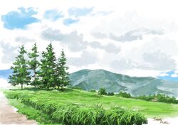  absurdres artist_name bush clouds cloudy_sky day grass highres hirota horizon mountain mountainous_horizon no_humans outdoors road scenery signature sky tree 