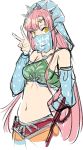  1girl blush breasts cosplay detached_sleeves earrings fate/grand_order fate_(series) gerudo_link gerudo_link_(cosplay) jewelry link long_hair looking_at_viewer medb_(fate/grand_order) midriff navel pink_hair pointy_ears see-through shimo_(s_kaminaka) smile solo stomach the_legend_of_zelda the_legend_of_zelda:_breath_of_the_wild tiara veil yellow_eyes 