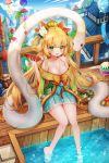  1girl bare_shoulders blonde_hair blush bowl breasts cleavage collarbone eyebrows_visible_through_hair green_eyes green_skirt highres holding holding_bowl large_breasts long_hair looking_at_viewer open_mouth original pong_(vndn124) sitting skirt smile snake solo summer 
