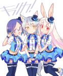  3girls animal_ears arm_grab belt blue_hair blue_legwear blush bunny_tail glasses hair_ornament hairclip hat highres kirara_ookami kyuuri_(miyako) long_hair low-tied_long_hair midriff mini_hat mini_top_hat monica_grace multiple_girls navel open_mouth pink_hair pop-up_story rabbit_ears red_eyes rita_drake semi-rimless_glasses short_hair silver_hair skirt smile tail thigh-highs top_hat v vest violet_eyes white_hair wolf_ears wolf_tail yellow_eyes 