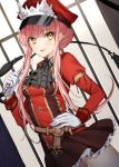  1girl breasts fate/grand_order fate_(series) gambe gloves hat highres long_hair looking_at_viewer medb_(fate/grand_order) medium_breasts military military_uniform open_mouth peaked_cap pink_hair skirt smile uniform whip white_gloves yellow_eyes 