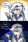  1girl 2koma angry artist_name blue_eyes comic english eyebrows eyebrows_visible_through_hair flat_cap hat hibiki_(kantai_collection) kantai_collection long_hair long_sleeves pointing raythalosm school_uniform serafuku sickle silver_hair smile solo speech_bubble star twitter_username verniy_(kantai_collection) 