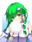  1girl blue_background blush cotton_candy detached_sleeves eyebrows_visible_through_hair frog_hair_ornament green_eyes green_hair hair_ornament highres keke-san kochiya_sanae long_hair looking_at_viewer snake_hair_ornament solo touhou upper_body white_background 